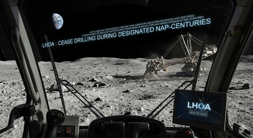 A lunar drill operating under a holographic LHOA message demanding an end to mining during nap-centuries.