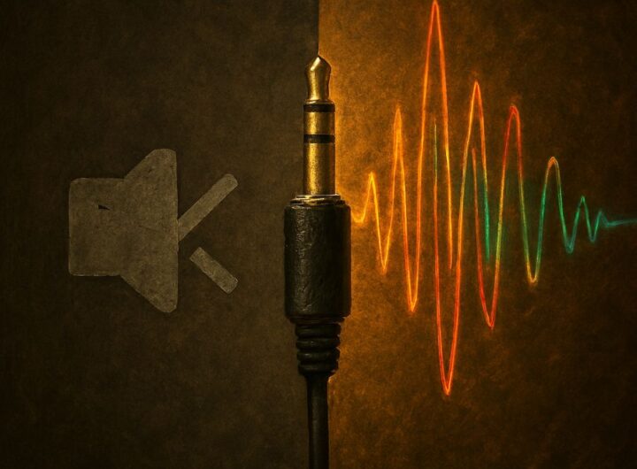 Split-screen image showing a muted speaker icon on a grayscale background opposite a vibrant analog waveform bursting from a glowing headphone jack, with a reboot button glowing at the center.