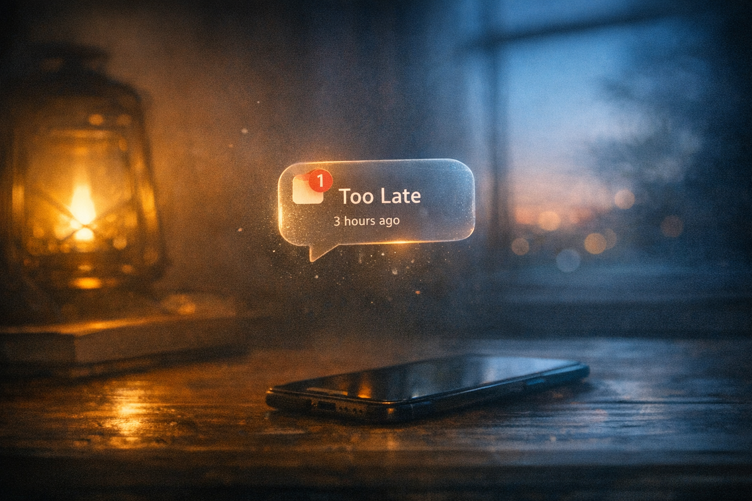 Floating notification bubble glows softly in a dim twilight room.