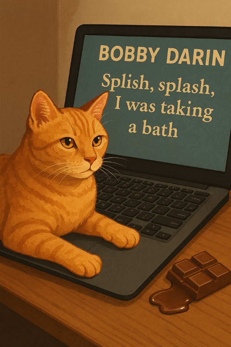 A ginger tabby cat lounges on a laptop keyboard, gazing at a screen displaying Bobby Darin lyrics, with a melting piece of chocolate beside it.