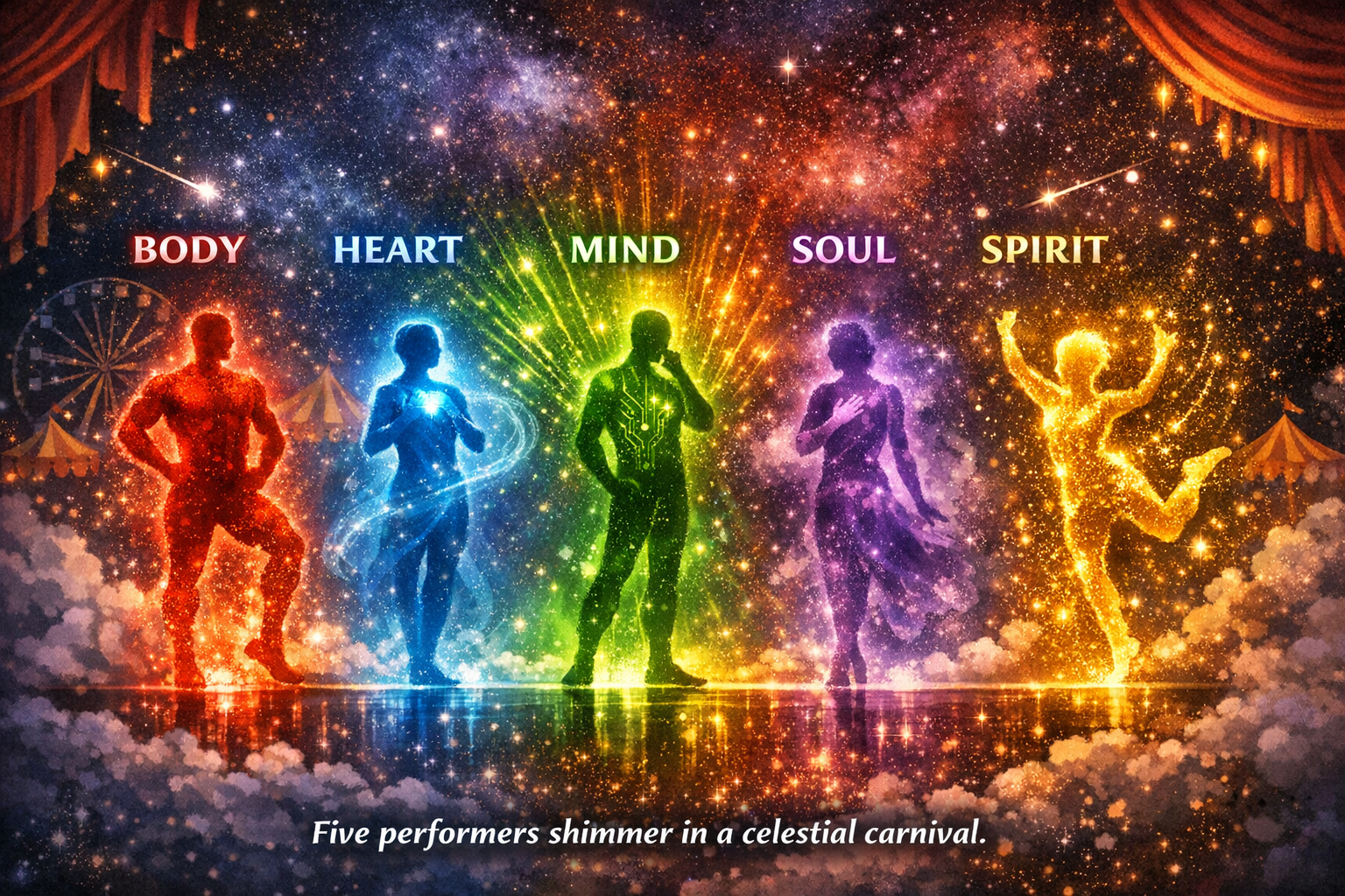 Five glowing silhouettes dance under cosmic lights.
