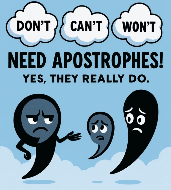 Three clouds labeled DON'T, CAN'T, and WON'T float above two sad punctuation marks—a comma and an apostrophe—highlighting the need for apostrophes in contractions.