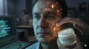 Human skin glows with digital circuits blocking incoming surveillance data.