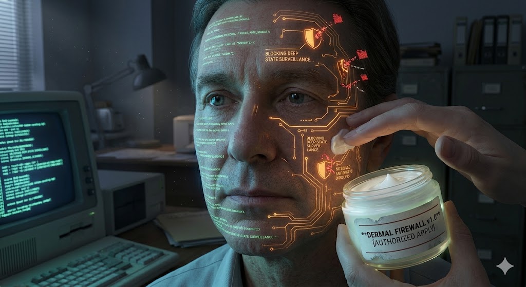 Human skin glows with digital circuits blocking incoming surveillance data.