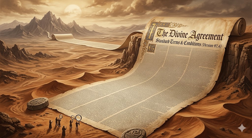 Massive ancient scroll unfurling across desert dunes.
