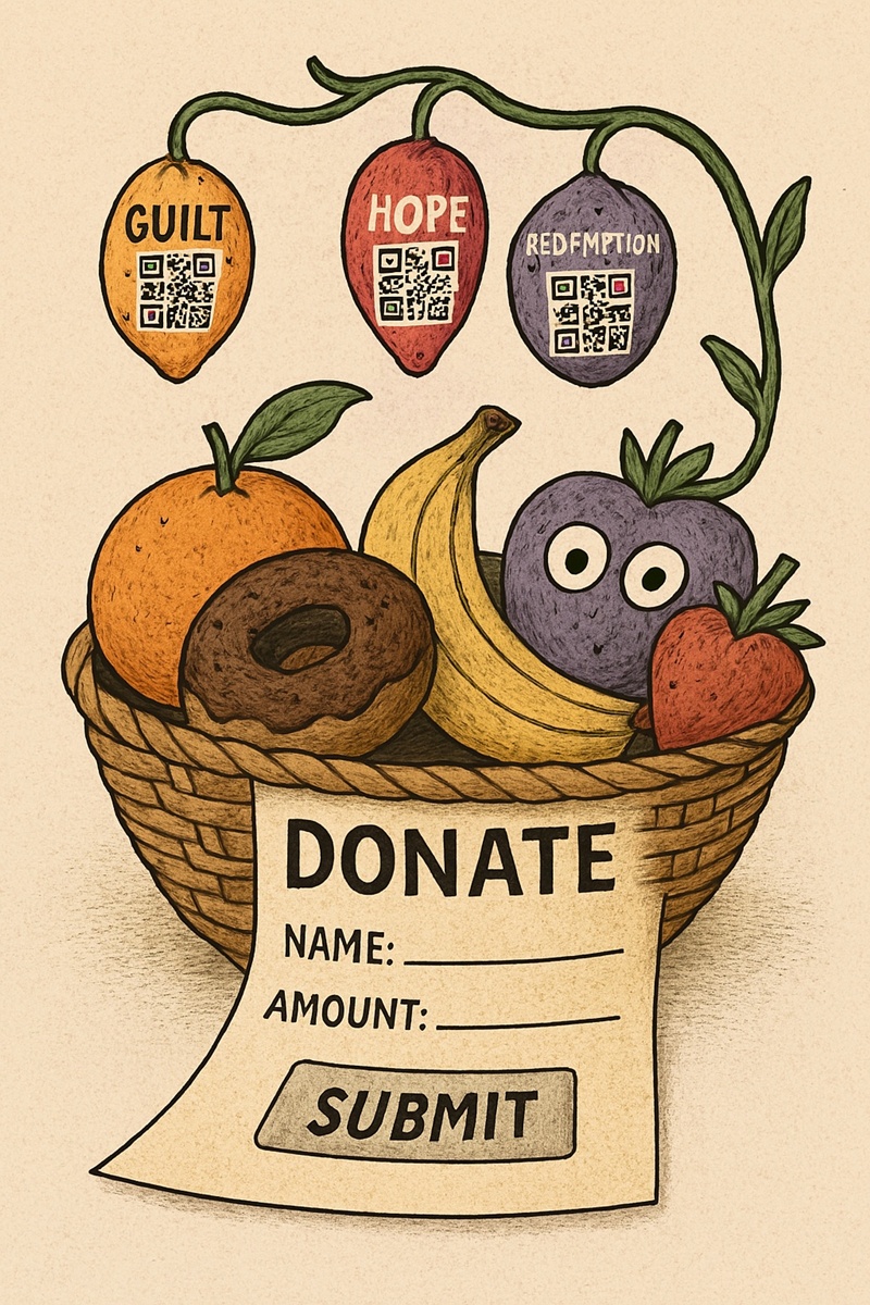 Fruit basket with labeled hanging fruits—“GUILT,” “HOPE,” “REDEMPTION”—and a donation form attached.