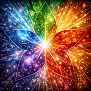 A radiant kaleidoscopic mandala divided into five colorful segments ,each symbolizing Body, Mind, Heart, Soul, and Spirit, converging in a luminous burst of light at the center.