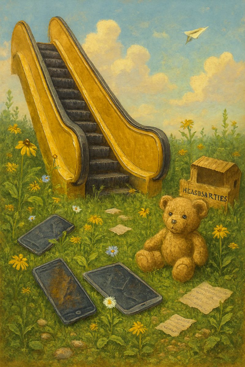 Golden escalator descends into a surreal garden of weeds, broken gadgets, handwritten notes, and a teddy bear fort.