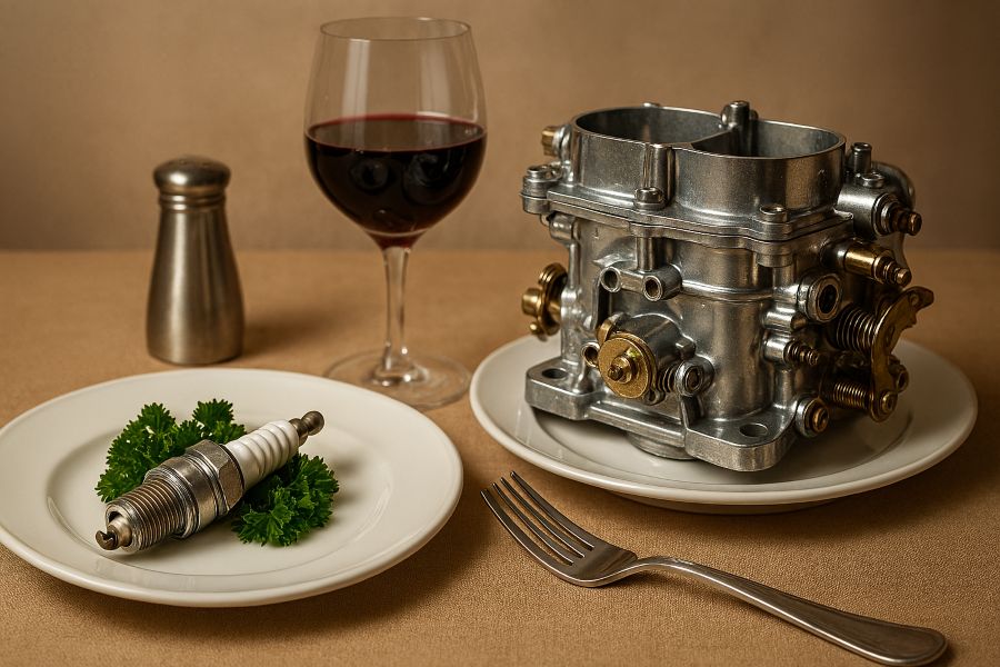 Engine parts plated like gourmet cuisine, spark plug on parsley, carburetor beside wine glass - satirizing our ritualistic obsession with fuel and food.