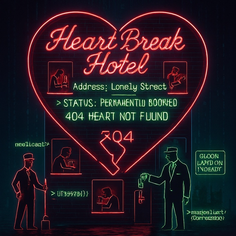 Neon heart-shaped sign for “Heart Break Hotel” with humorous messages like “404 Heart Not Found” and “Address: Lonely Street.”
