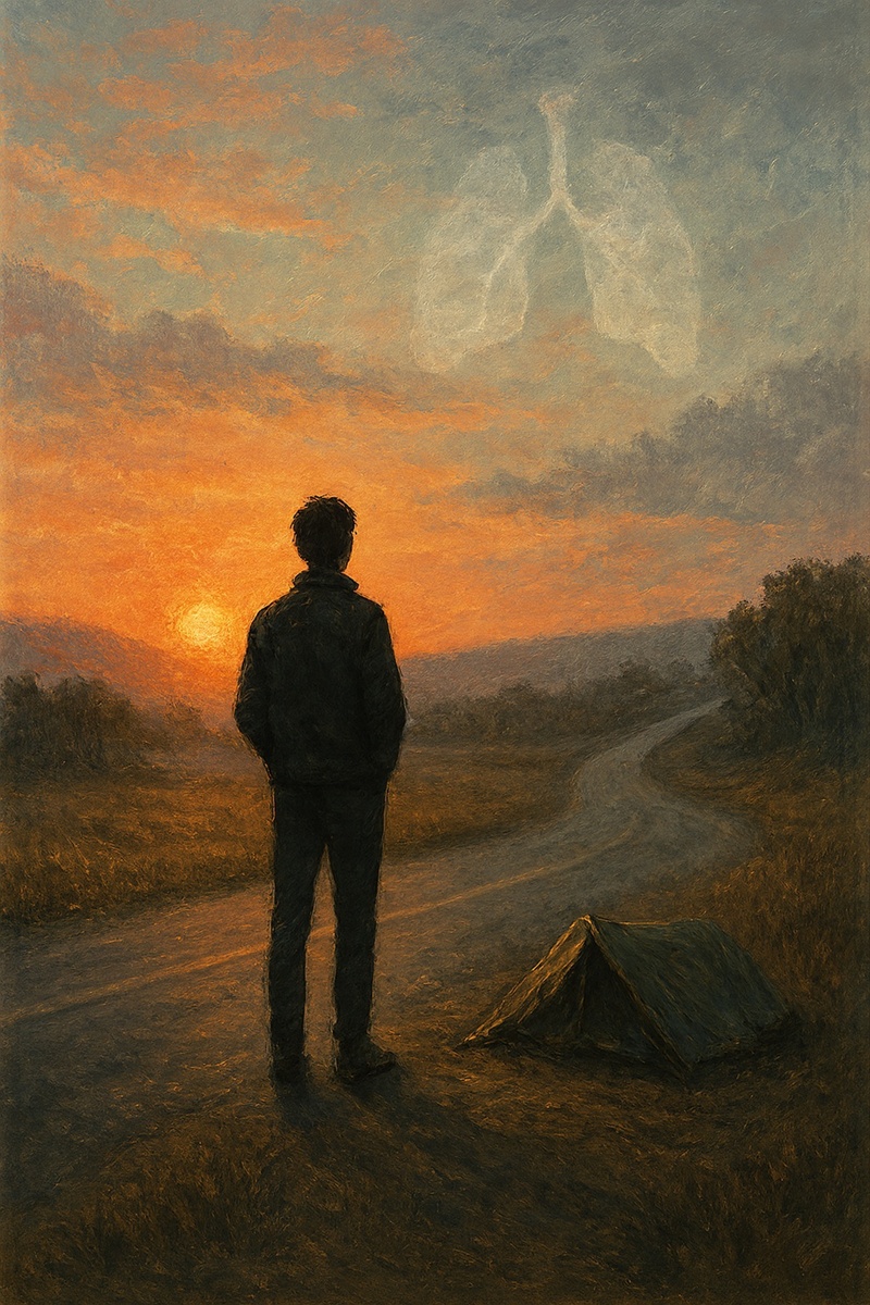 Person stares at lung-shaped clouds, clearly rethinking their camping trip and life choices.