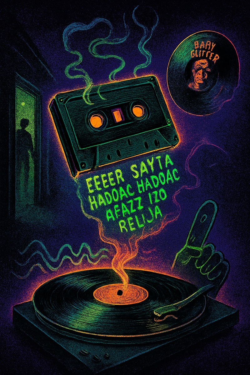Cassette tape emits psychedelic smoke that spells gibberish while vinyl spins and a doorway figure judges silently.