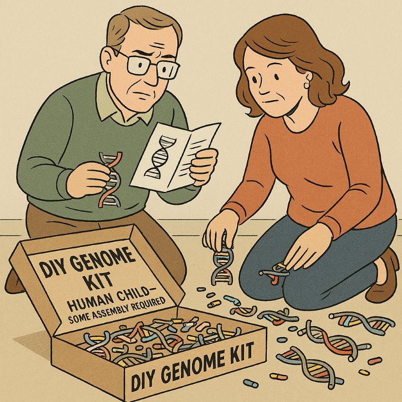 A satirical illustration of two parents assembling a human child from a “DIY Genome Kit,” surrounded by mismatched DNA pieces and a half-read instruction manual. The scene mimics IKEA-style furniture assembly with genetic components.