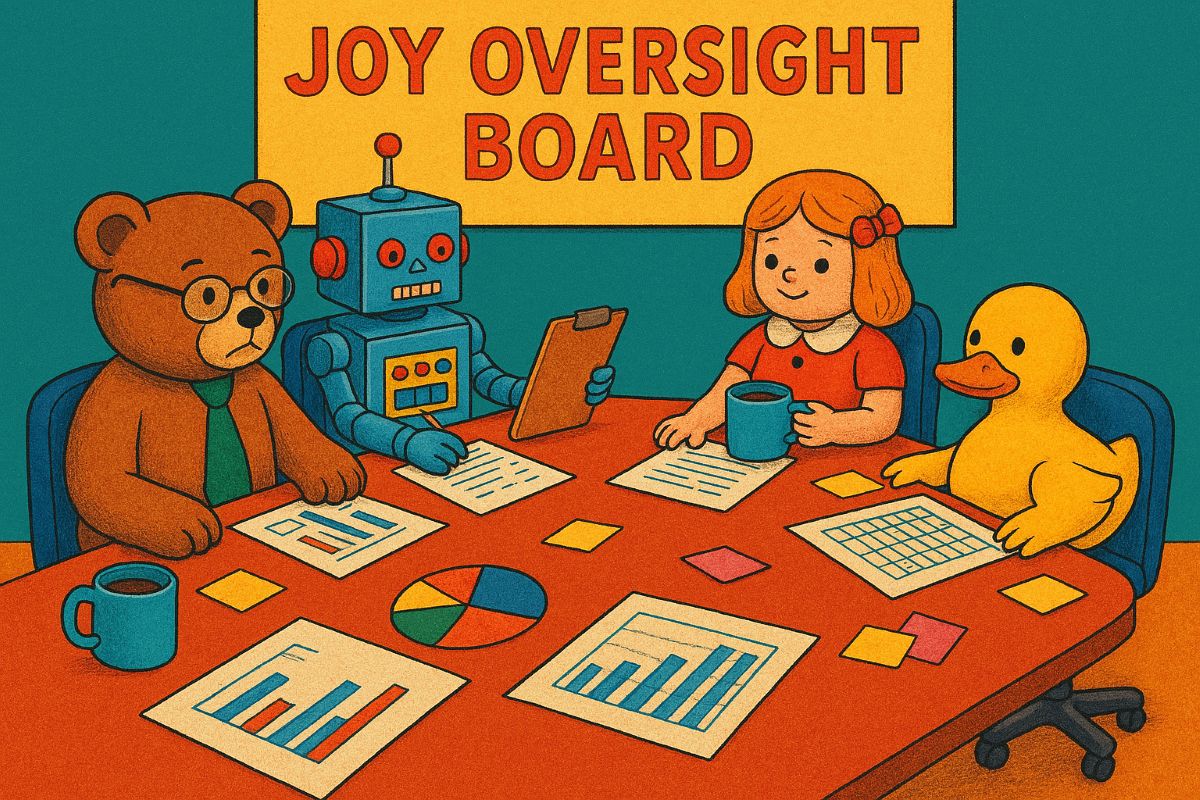 A colorful, satirical illustration shows a teddy bear, retro robot, classic doll, and rubber duck seated around a conference table.