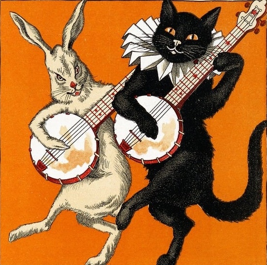 A comical image of a cat and a rabbit each playing the banjo.