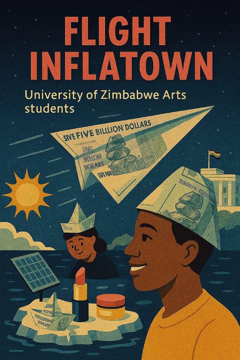 Surreal scene of Zimbabwean banknotes transformed into paper planes.