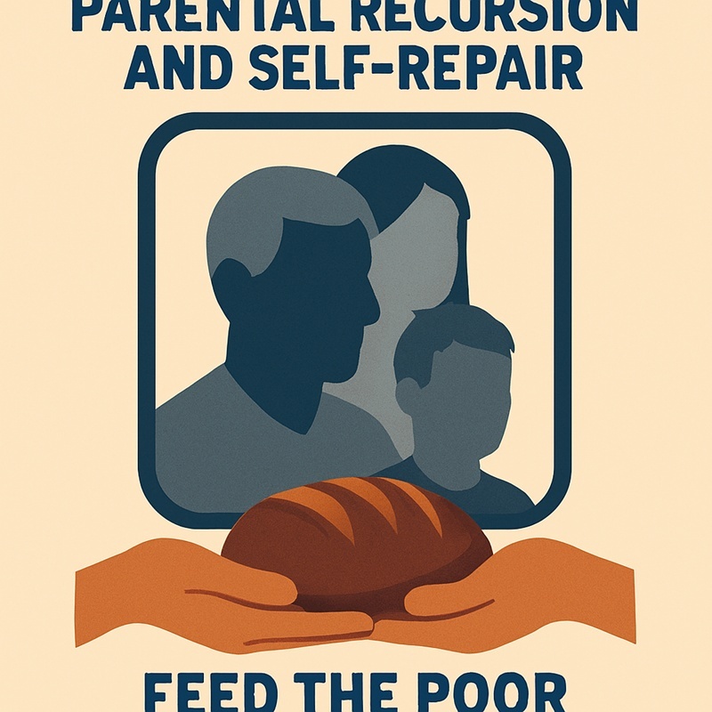 Stylized graphic with a vintage aesthetic showing a side-profile silhouette of a parent and child facing each other. The text at the top reads "Parental Recursion and Self-Repair," and a banner at the bottom reads "Feed the Poor" below an illustration of a loaf of bread.
