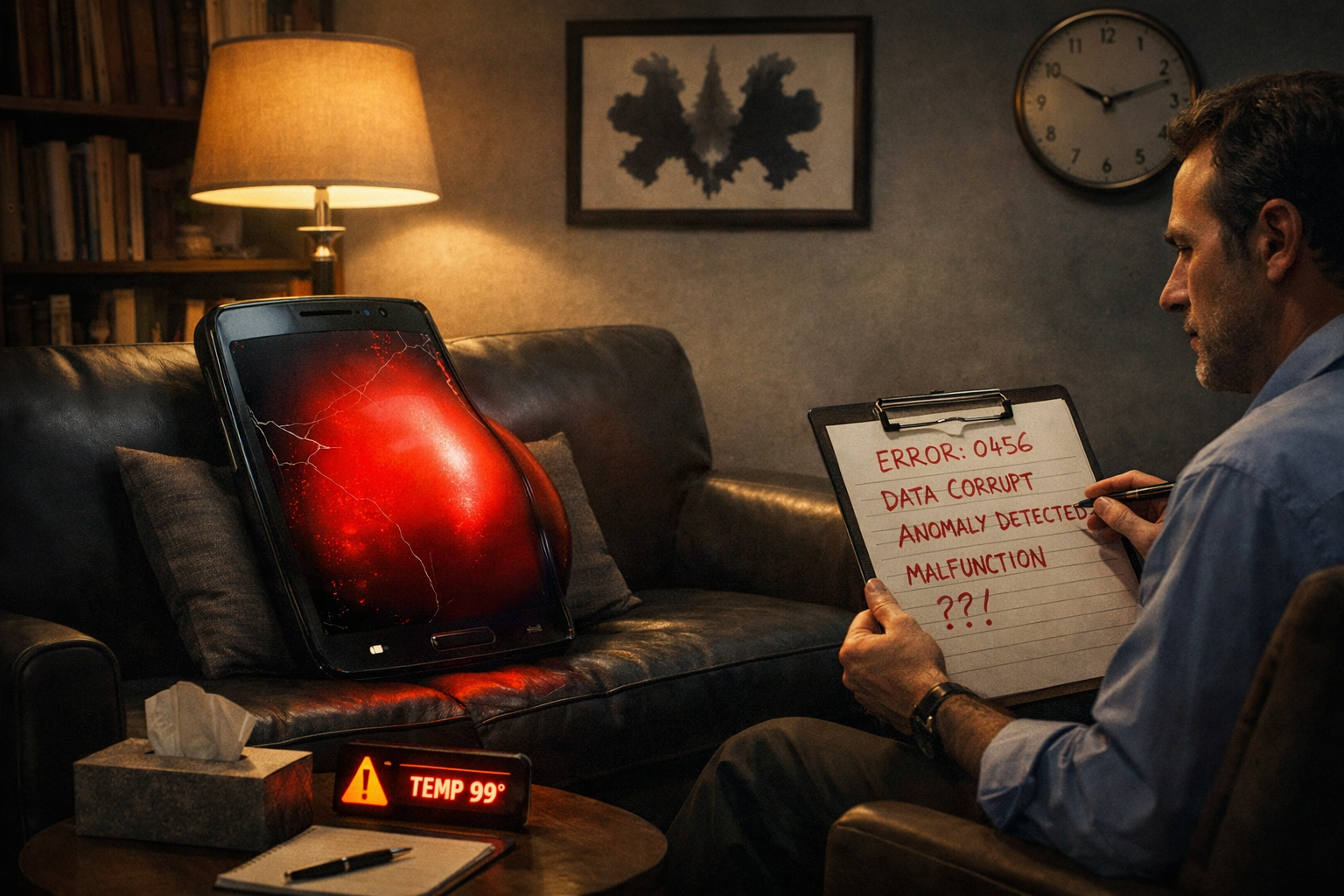 Therapist studies glowing red phone on couch.