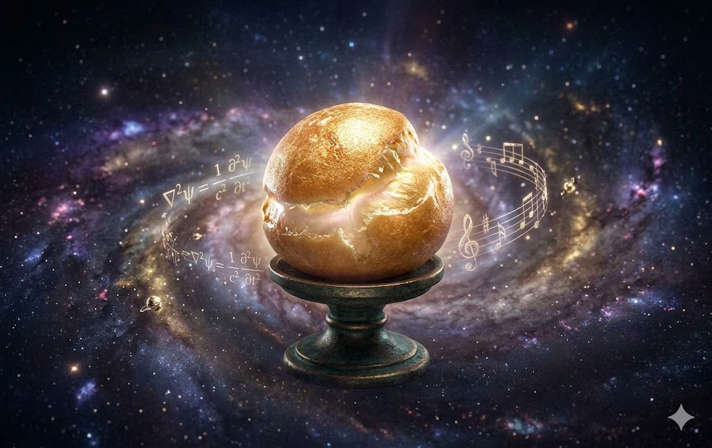 A hyper‑realistic golden profiterole sits on a small pedestal floating in deep space