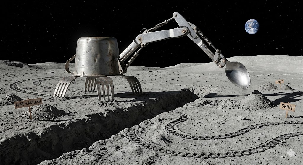Tiny utensil excavator sorting lunar soil beneath distant earth rise.