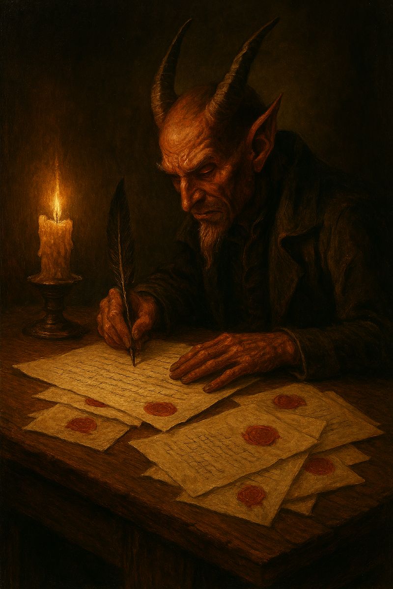 A demonic figure seated at a candlelit desk, writing a letter with a quill.