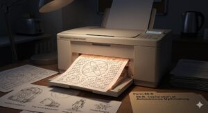 Office printer producing glowing page covered in impossible ancient symbols.