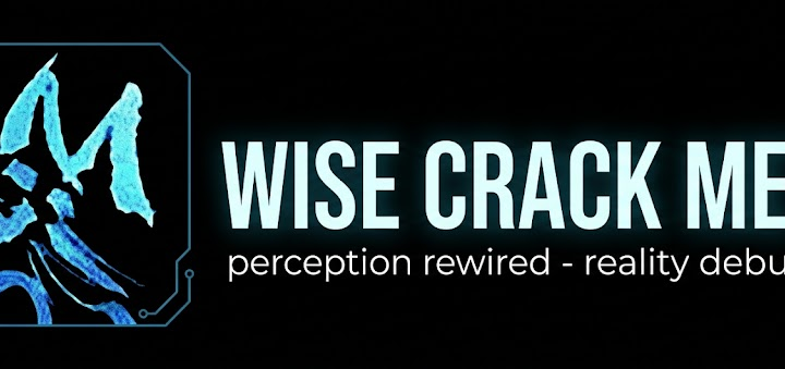 Wise Crack Meta official site logo featuring a stylized blue neon cat icon inside a digital frame on the left, next to the bold white title text "WISE CRACK META" and the tagline "perception rewired - reality debunked" on a solid black background.