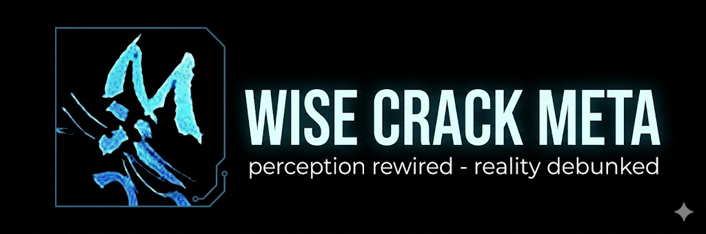 Wise Crack Meta official site logo featuring a stylized blue neon cat icon inside a digital frame on the left, next to the bold white title text "WISE CRACK META" and the tagline "perception rewired - reality debunked" on a solid black background.