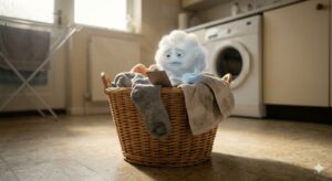 A small, translucent cloud-like deity with a weary expression sitting inside a wicker laundry basket. The creature is holding a tiny clipboard while resting on a pile of grey socks and towels in a sunlit laundry room.