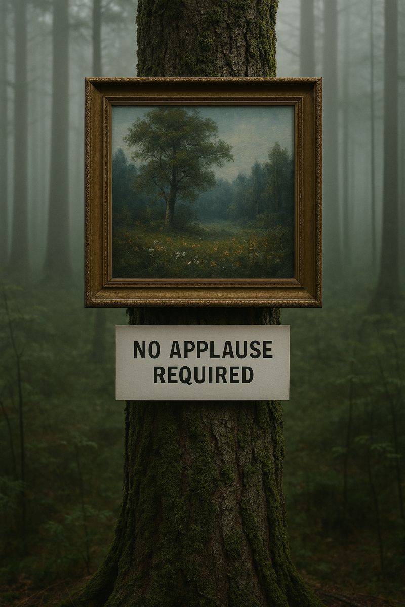 A framed painting hangs on a moss-covered tree in a misty forest. Beneath it, a sign reads “No applause required.” The scene evokes quiet defiance, untouched artistry, and the poetic absurdity of recognition-free creation.