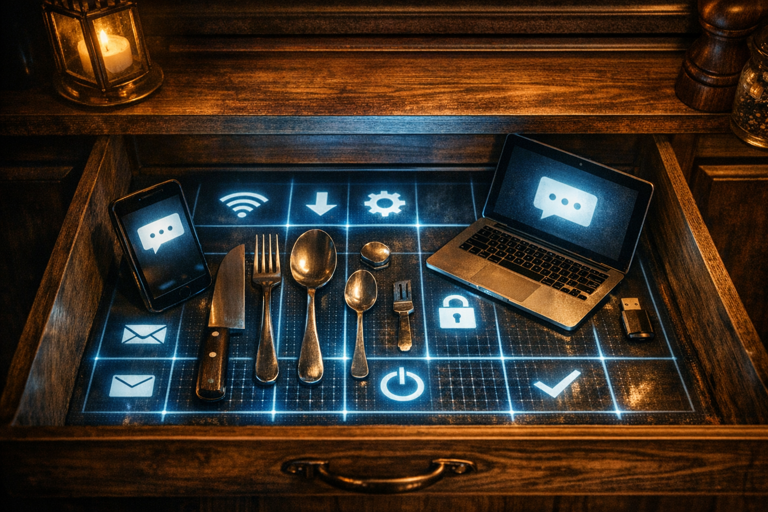 Utensils arranged on a glowing grid inside a drawer.