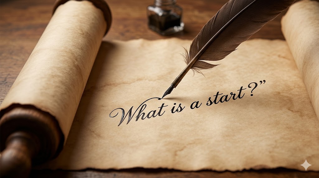 An open parchment scroll on a wooden surface with a quill pen writing the words "What is a start?".