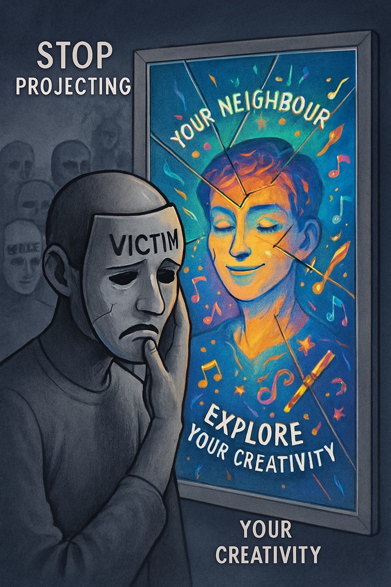 Grayscale person stares into mirror bursting with stars, music, and unsolicited advice about their neighbor.